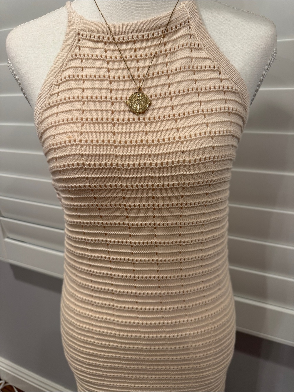 NWT Cream Crochet Halter Maxi Dress with Sleek Silhouette - Picture 2 of 6